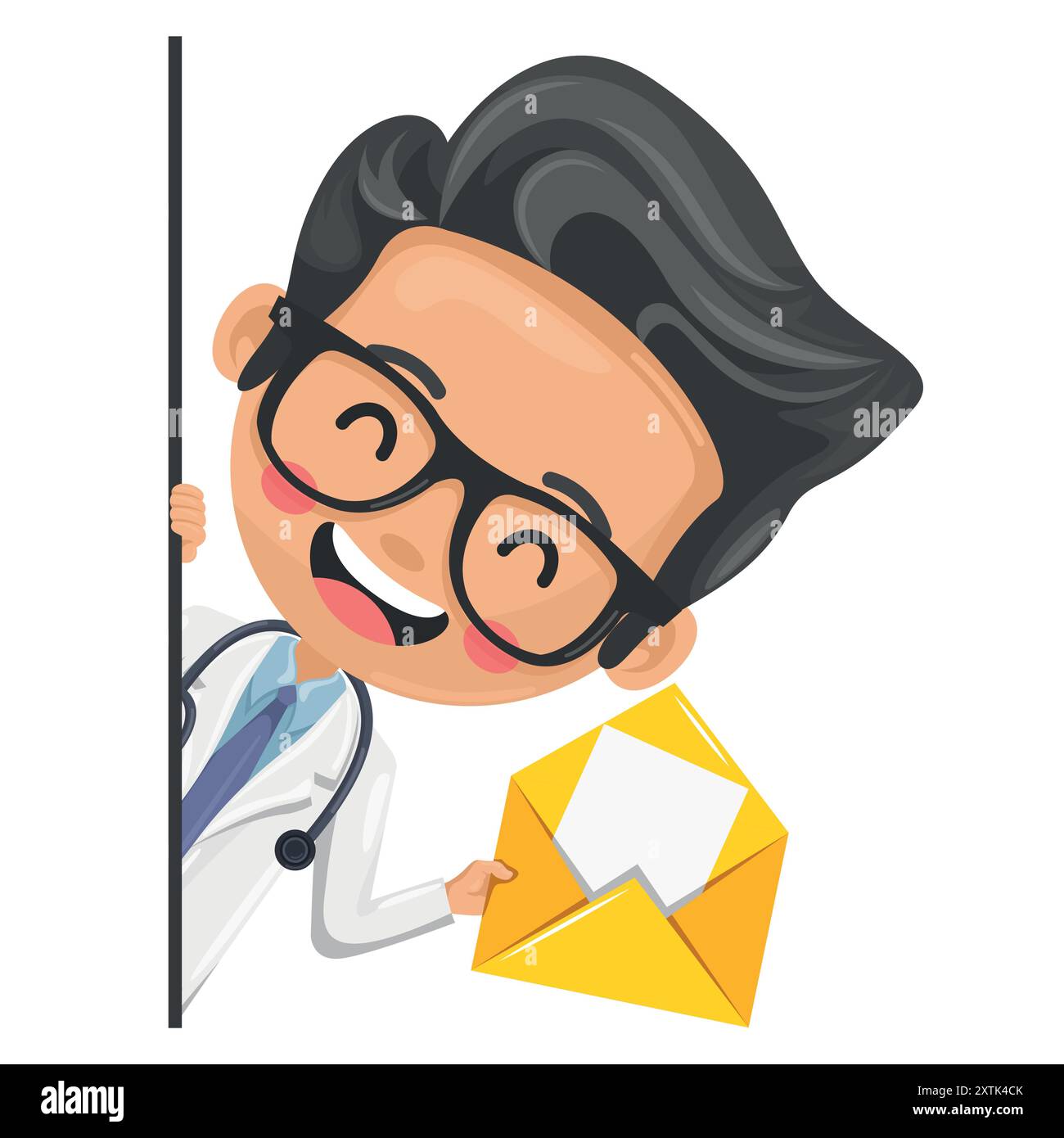 Doctor cartoon peeking out from behind a wall with open letter envelope ...