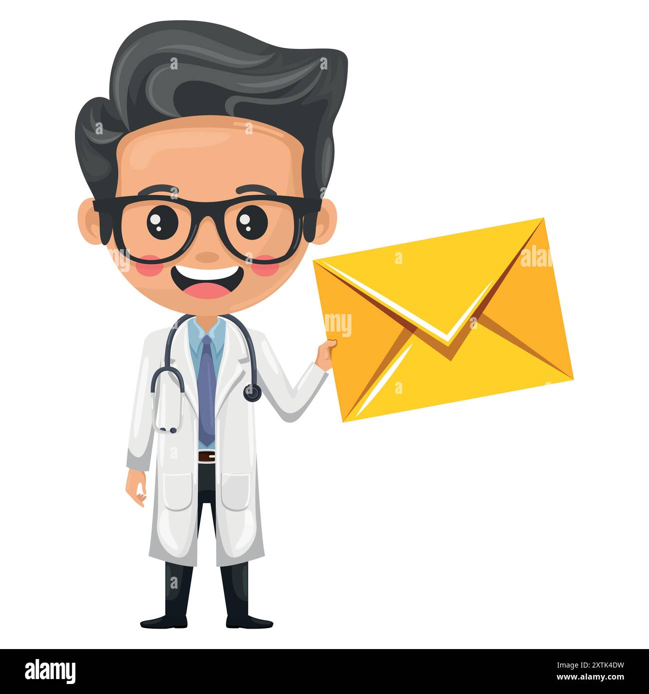 Cartoon doctor with a stethoscope with letter envelope for email. Health and medicine concept. Health professional to perform a medical examination. R Stock Vector