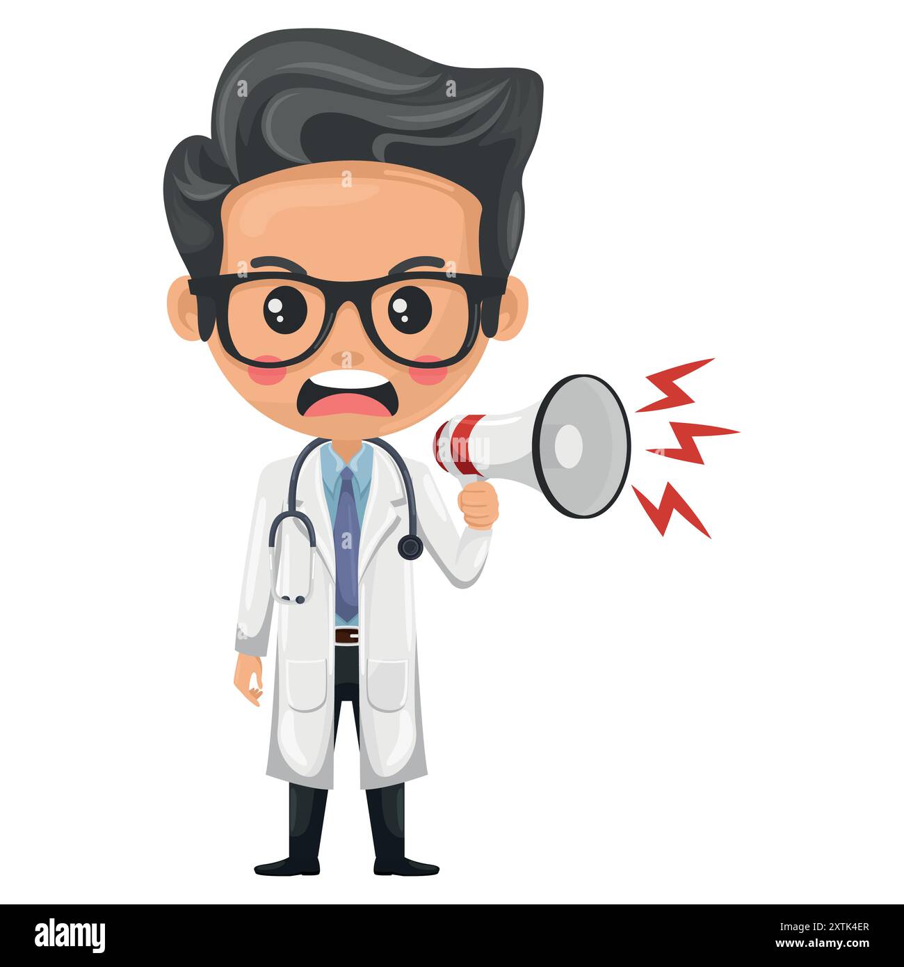 Annoyed  cartoon doctor making an announcement with a megaphone. Health and medicine concept. Health professional to perform a medical examination. Re Stock Vector