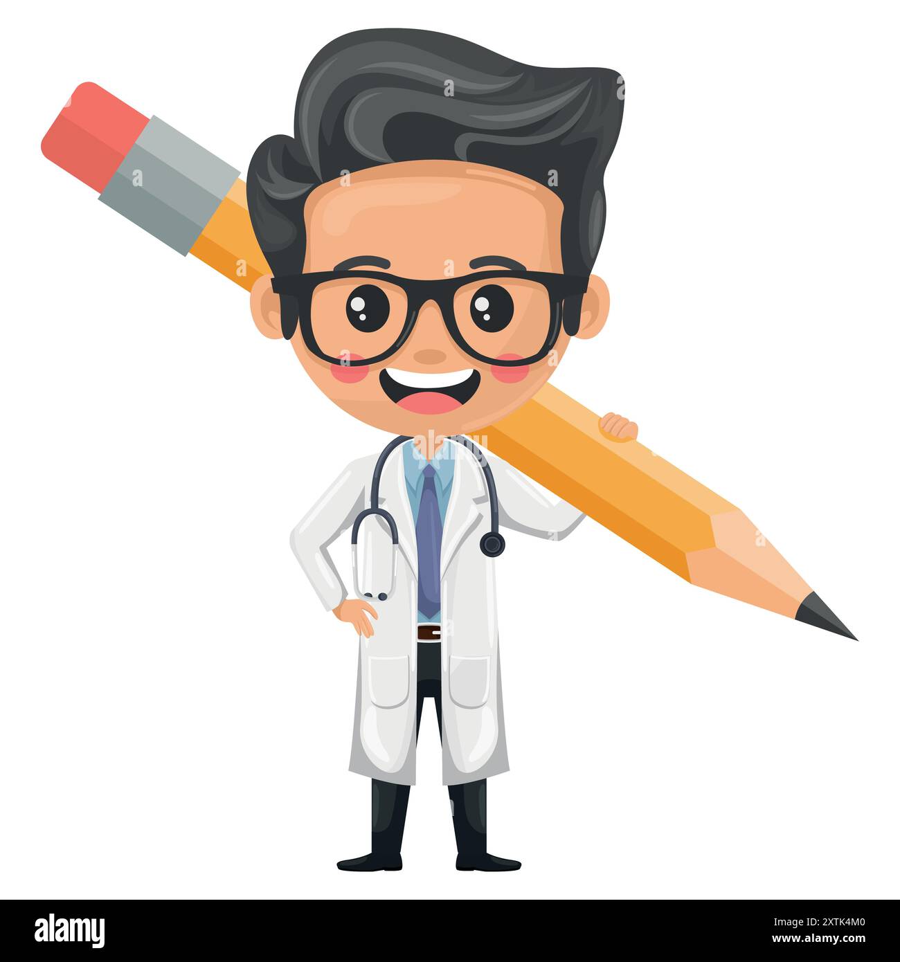 Cartoon of a doctor carrying a pencil symbolizing the importance of documentation, study and creativity in medical practice. Health and medicine conce Stock Vector