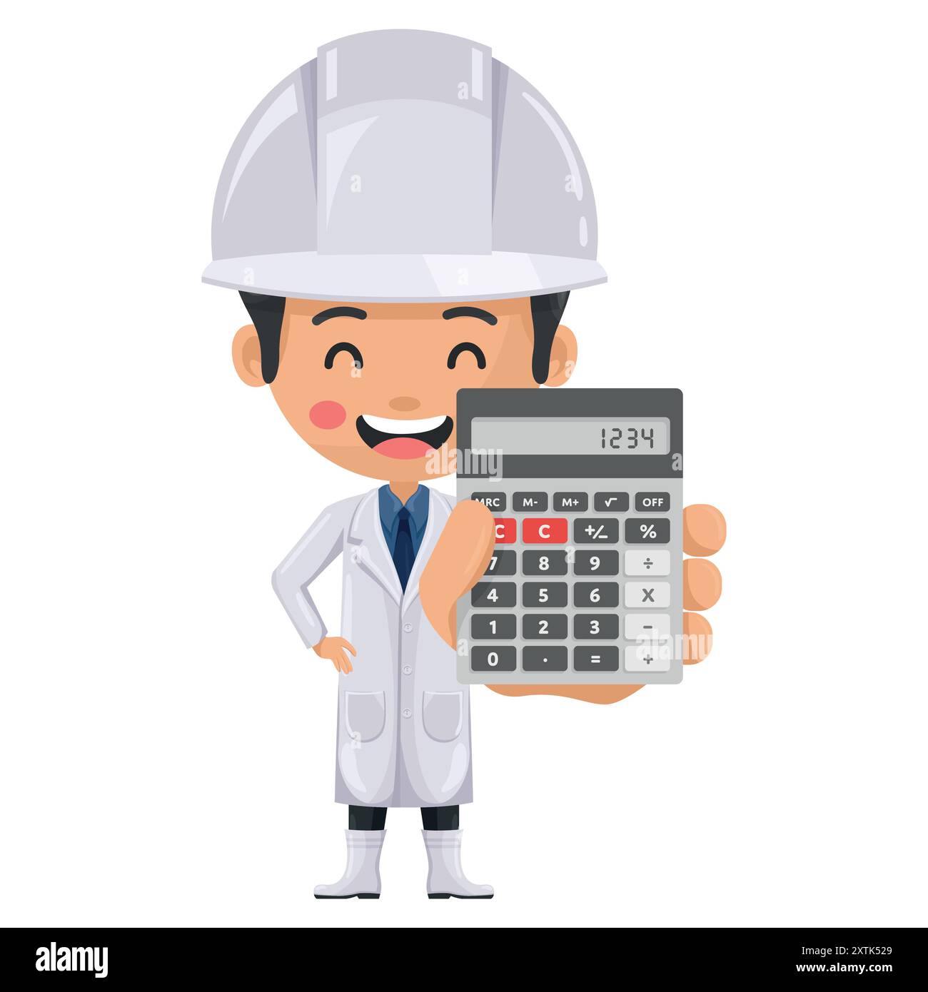 Quality control supervisor with calculator in hand for financial analysis, accounting and budget calculation. Food industry engineer. Chief food safet Stock Vector