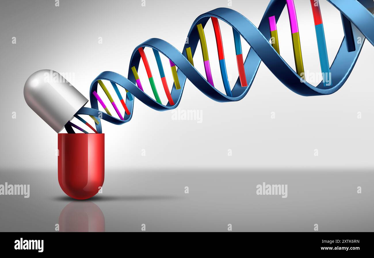 Genetic Medication and Pharmacogenomics Gene edited drugs fighting cancer cells and disorders as a health care medical concept for a pharmaceutical cu Stock Photo