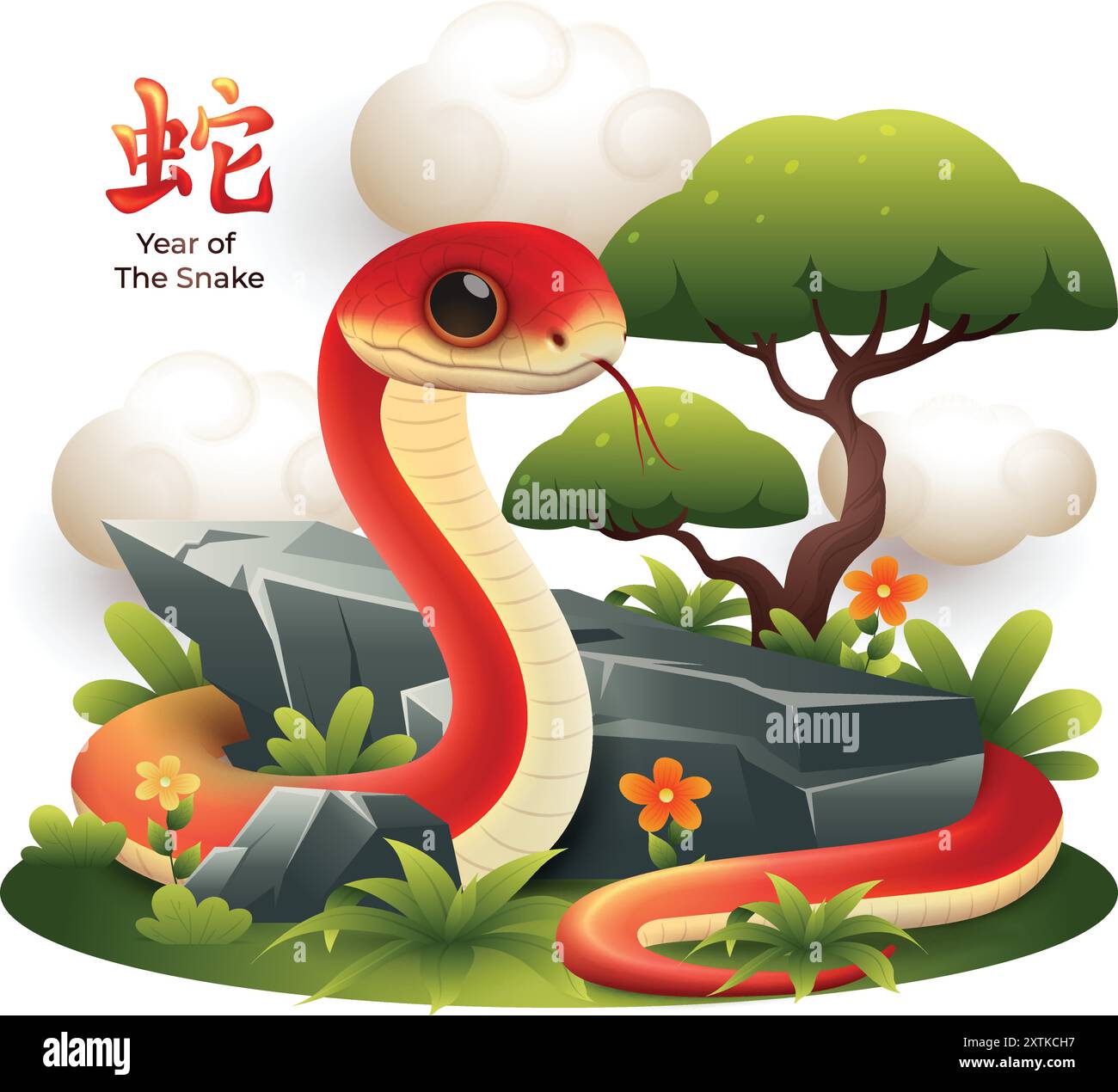 Year of the snake 2025 sign. 3d colorful snake with nature stone, grass vector illustration