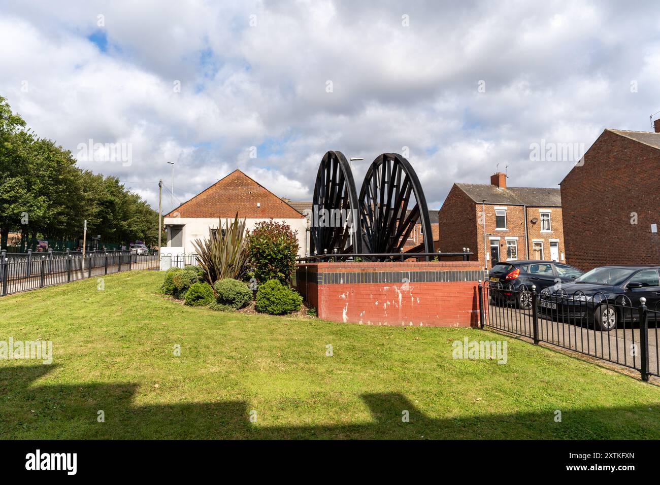 Blackhall, formerly Blackhall Colliery, County Durham, UK. Pit wheel memorial in the former mining village. Stock Photo