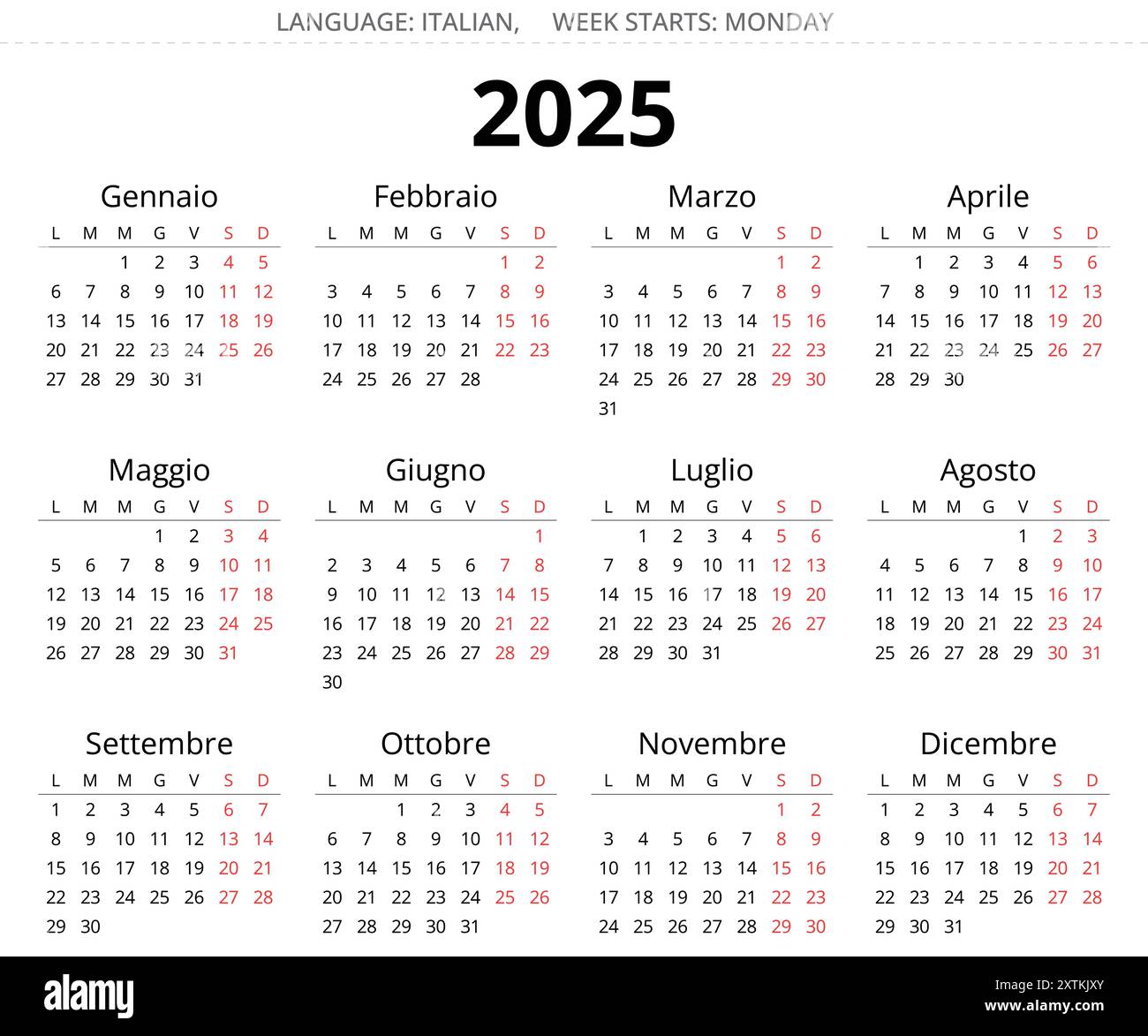 2025 italian year calendar with 12 months. Printable vector