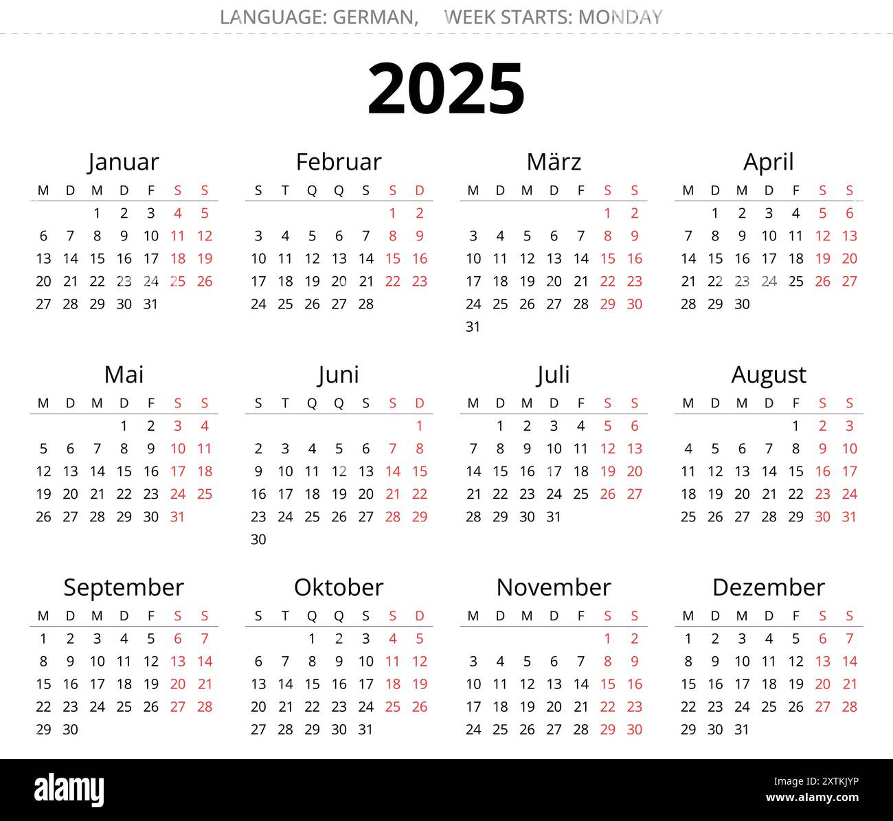 2025 year german calendar. Printable and editable vector illustration