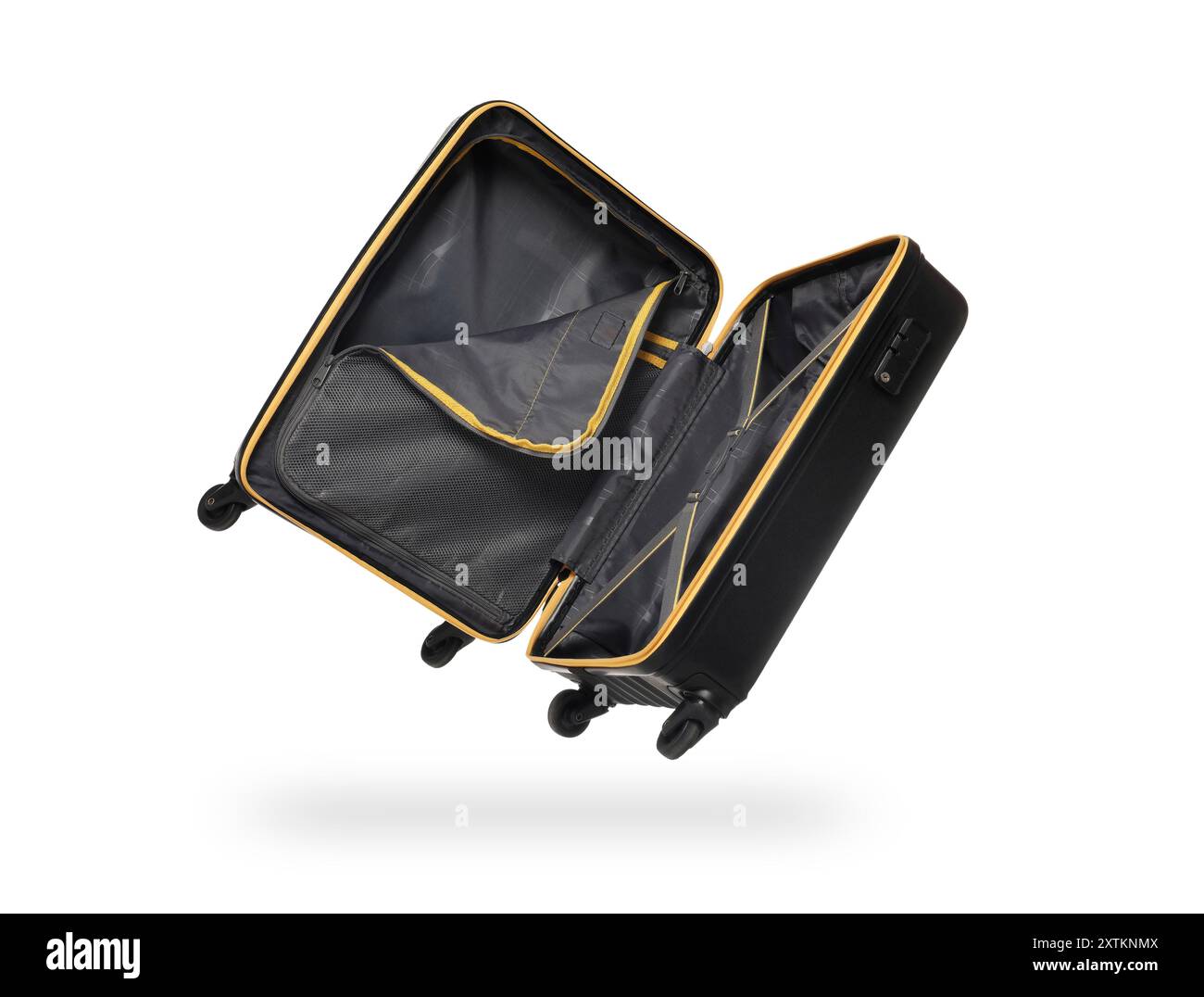 Open empty suitcase in air on white background Stock Photo
