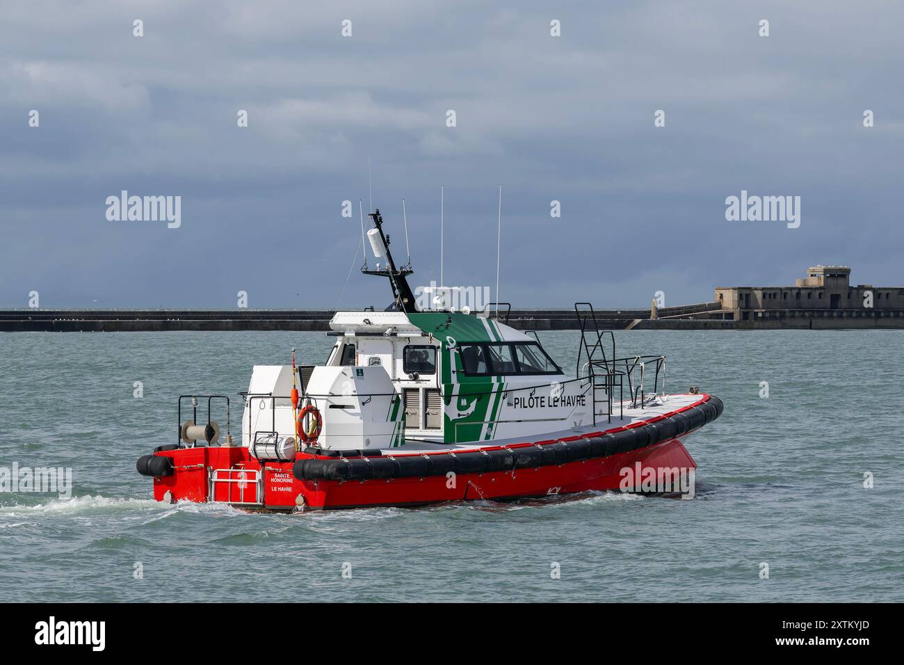 Le Havre, France - View on the pilot boat SAINTE HONORINE outbound of the port of Le Havre. Stock Photo