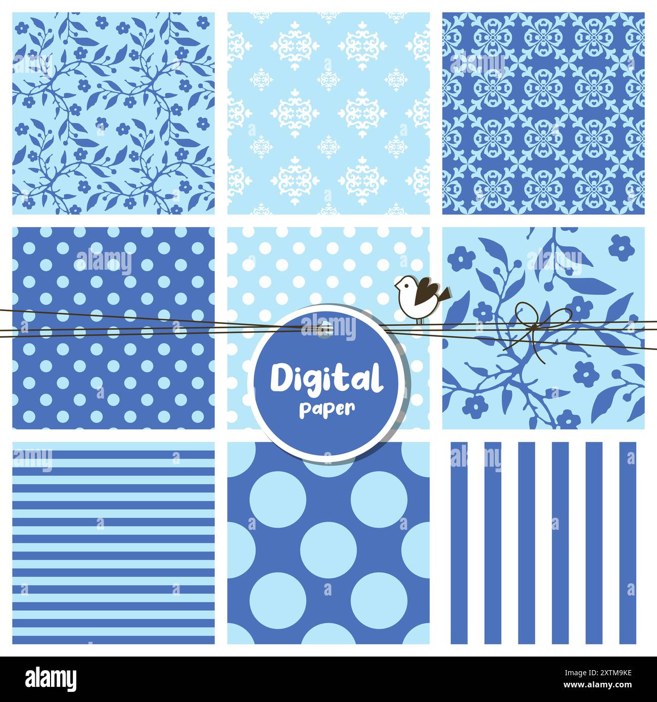 Seamless patterns set, flowers, dots, stripes, square swatches Stock Vector