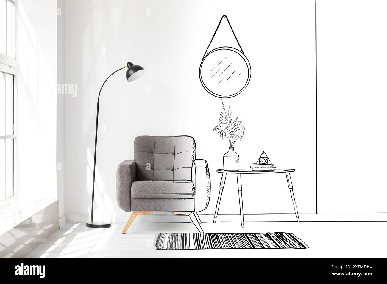 New interior of stylish living room with armchair Stock Photo - Alamy