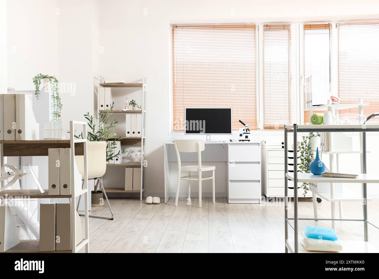 Interior of medical office with doctor's workplace and shelf units ...