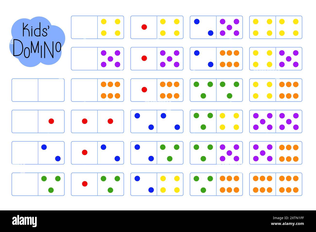 Domino for kids, learning counting, fun educational activity for logic thinking development, bright multi-colored dots illustration printable worksheet for group board game, teacher resources Stock Vector