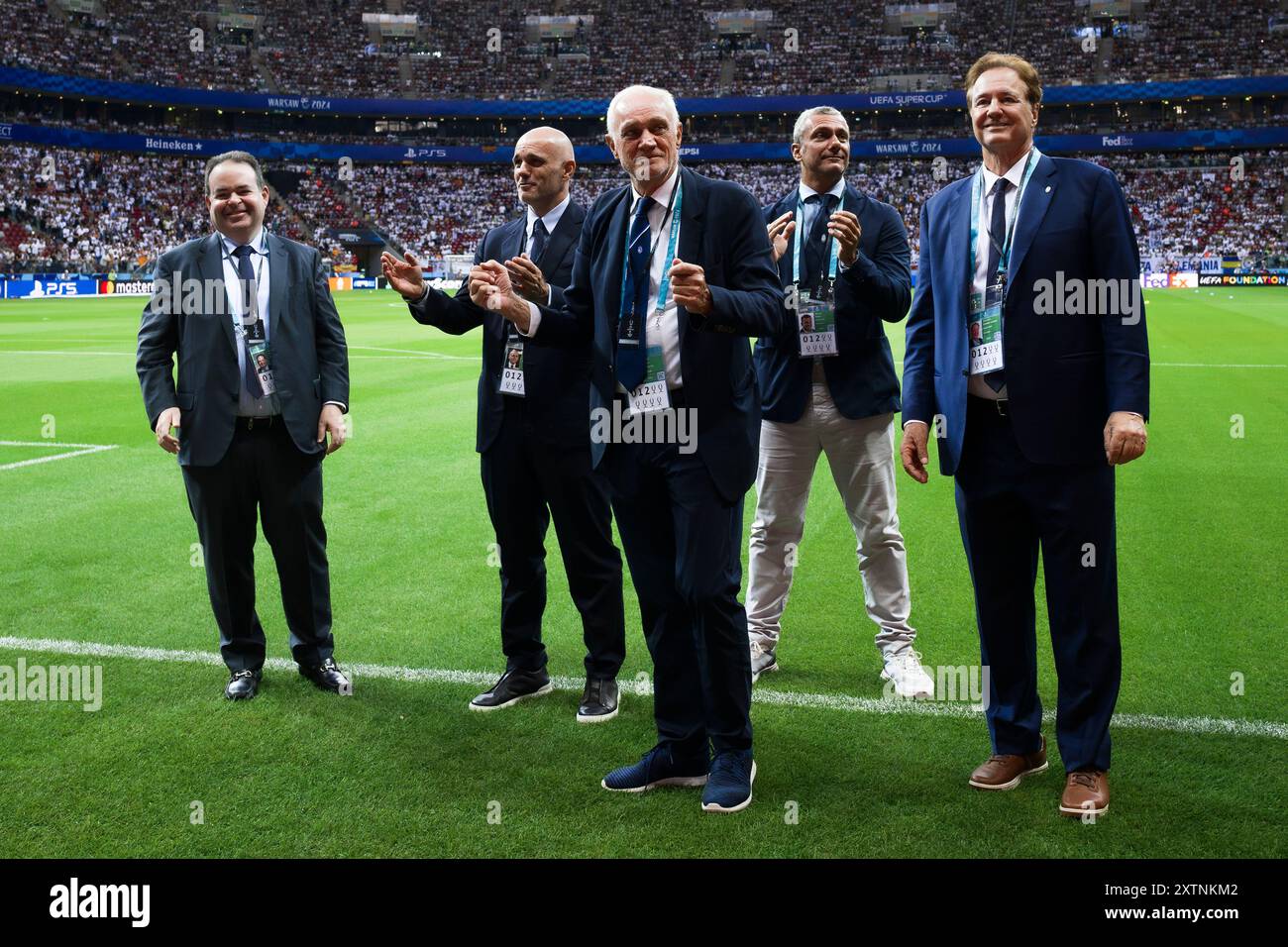 Warsaw, Poland. 14 August 2024. Marc Nolan Casper, Luca Percassi, Antonio Percassi, Stefano Percassi, Stephen Pagliuca gesture prior to the UEFA Super Cup 2024 football match between Real Madrid CF and Atalanta BC. Credit: Nicolò Campo/Alamy Live News Stock Photo