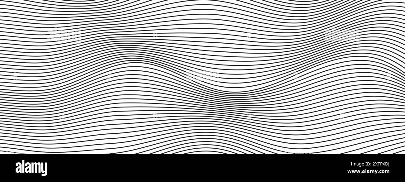 Wave lines abstract background, black thin wavy stripes with movement optical effect. Stock Vector