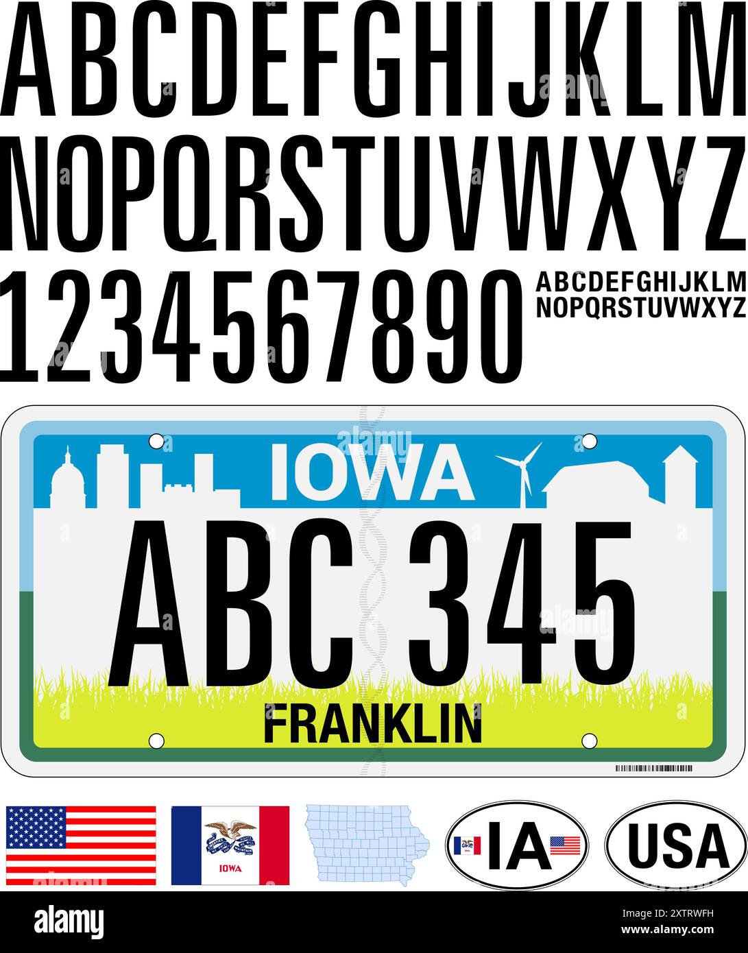 Iowa US state car license plate pattern, United States of America, numbers, letters and symbols, vector illustration Stock Vector