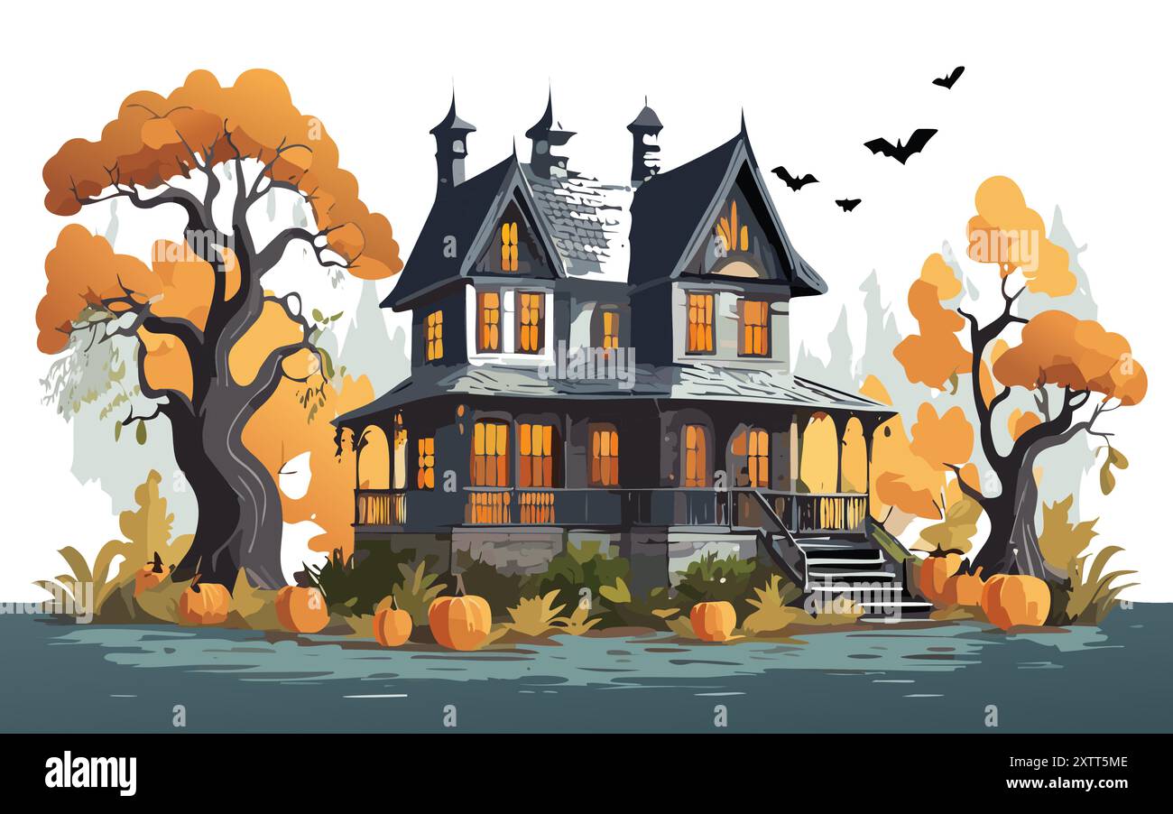 Scary little haunted house in horror forest, spooky haunted house in old, vintage style for Halloween Stock Vector