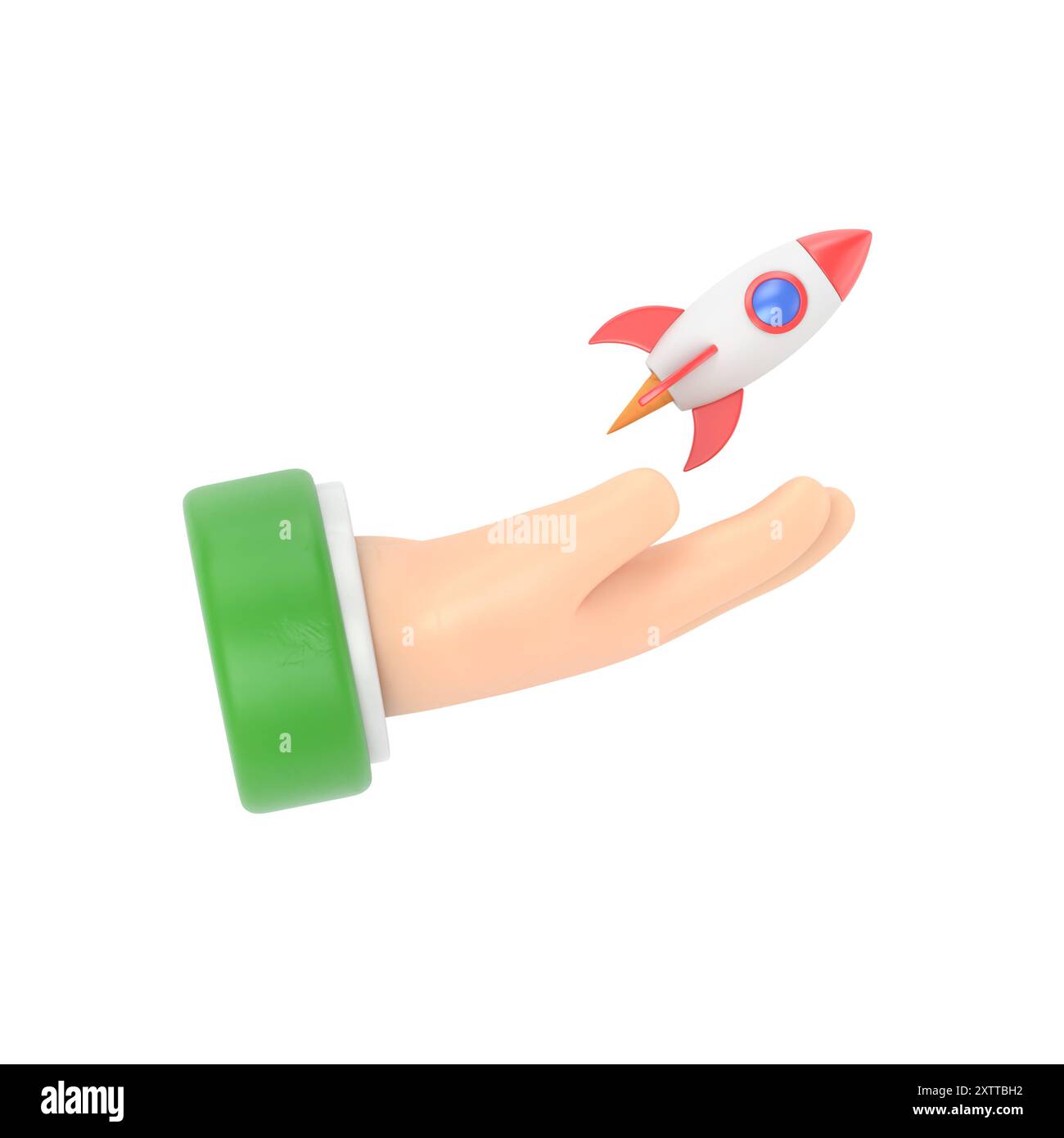 Cartoon Gesture Icon Mockup.Cartoon 3d hand holding a bitcoin crypto currency rocket taking off.3D rendering on white background. Stock Photo