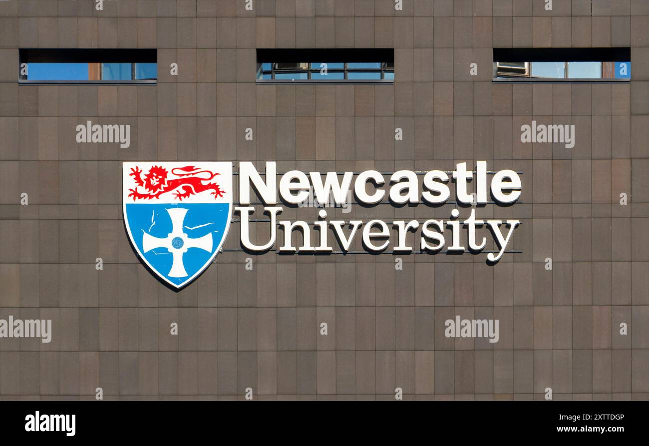 sign and shield on building for newcastle university, newcastle upon ...