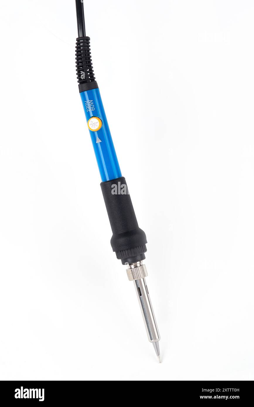 Hand tool soldering iron with the blue handle isolated on a white background Stock Photo