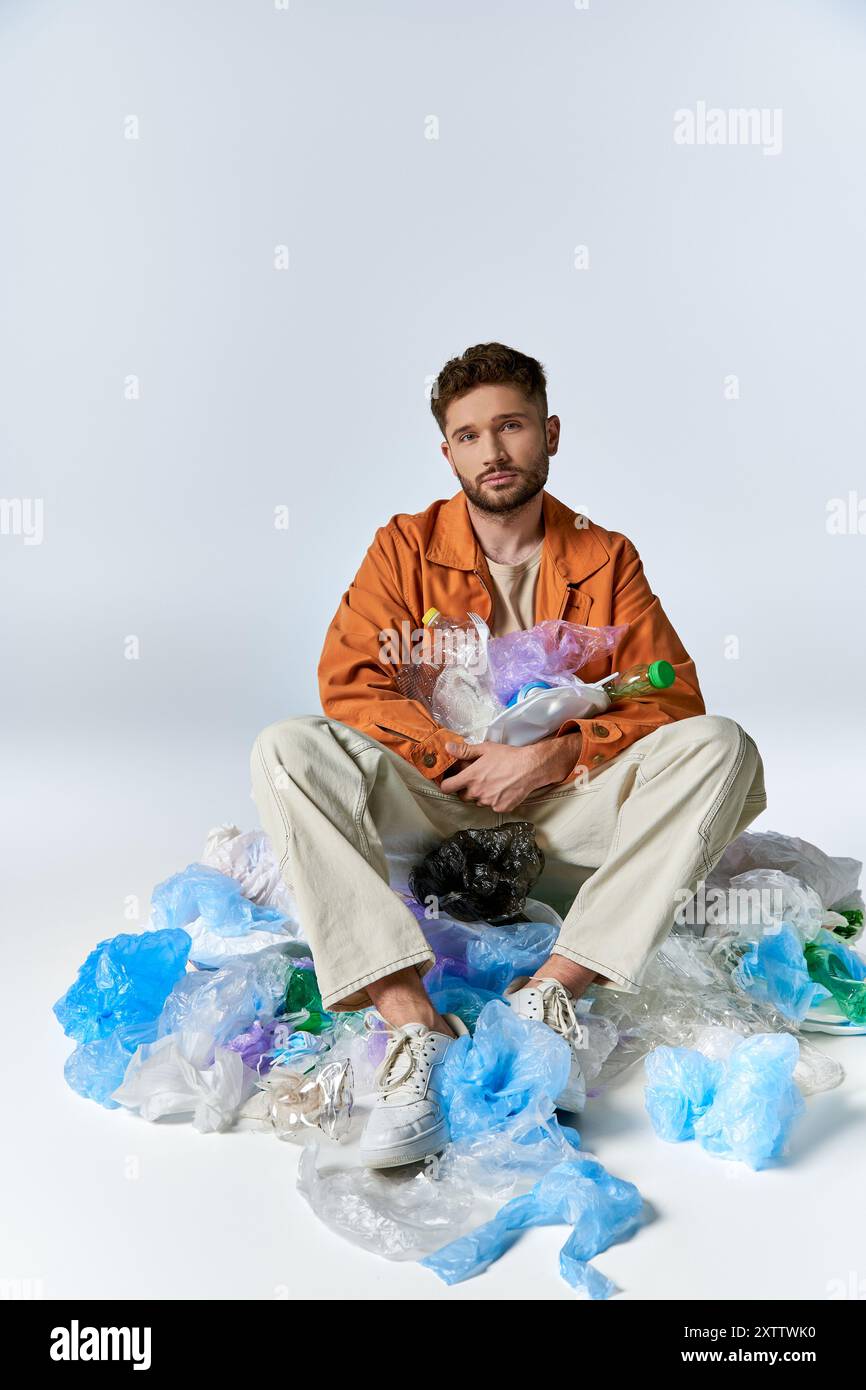 A man sits surrounded by plastic waste, holding a crumpled bag of ...