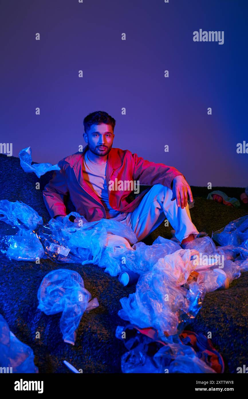 A man sits surrounded by plastic bags, bathed in blue and red light. Stock Photo