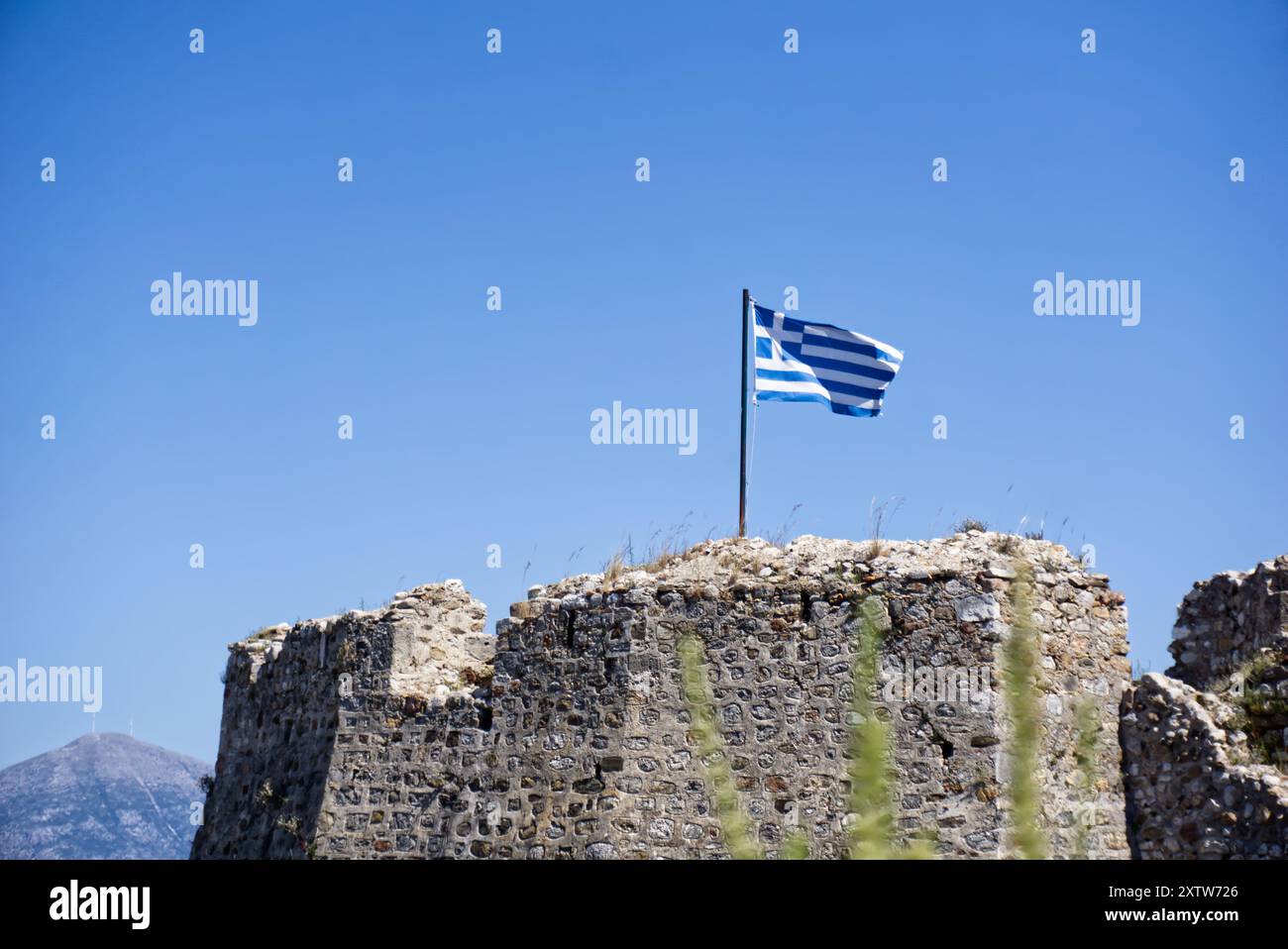 Greek flag waving in the wind Stock Photo