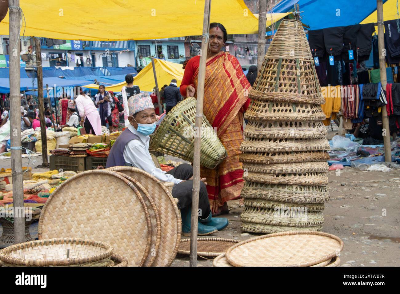 Household items made of wicker at Haat Bazaar in Khandbari ...