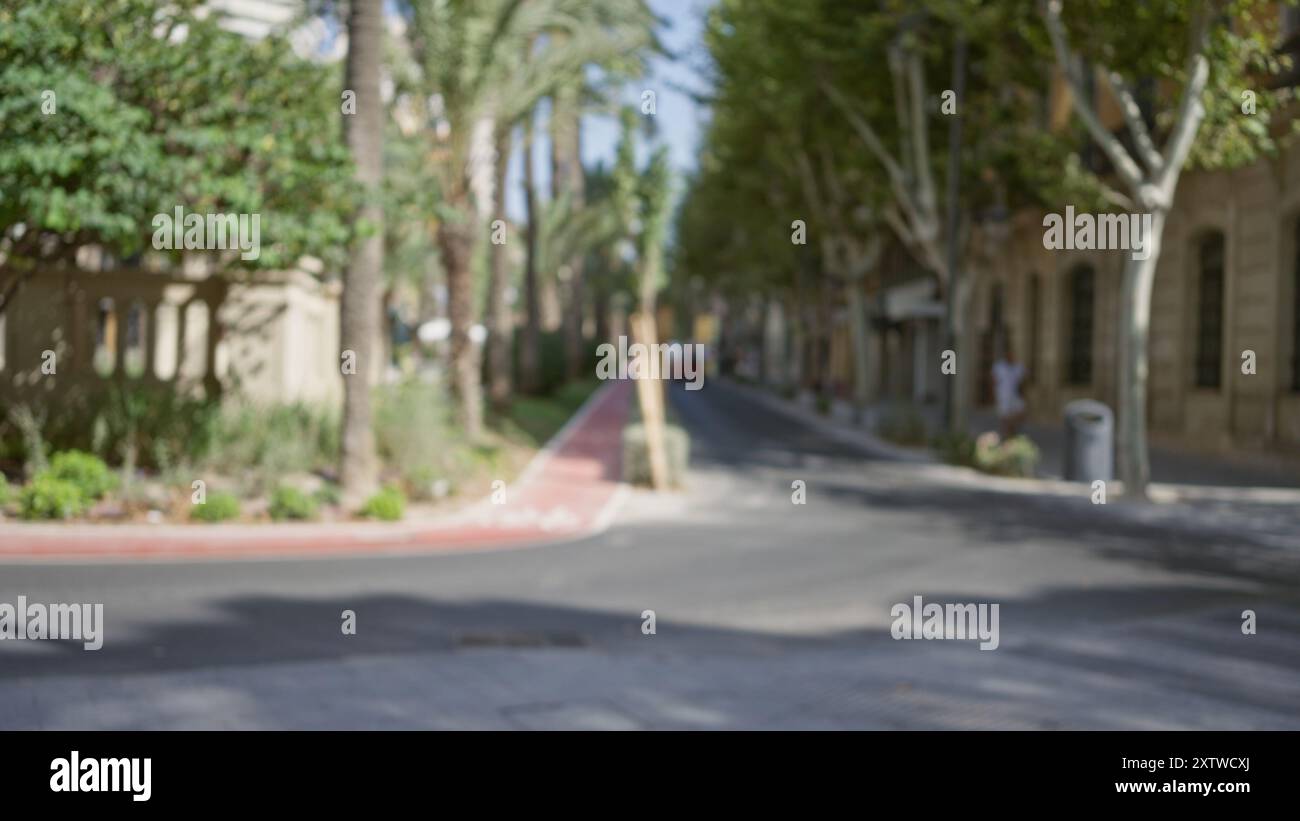 Defocused street scene with blurred outdoor background featuring trees ...