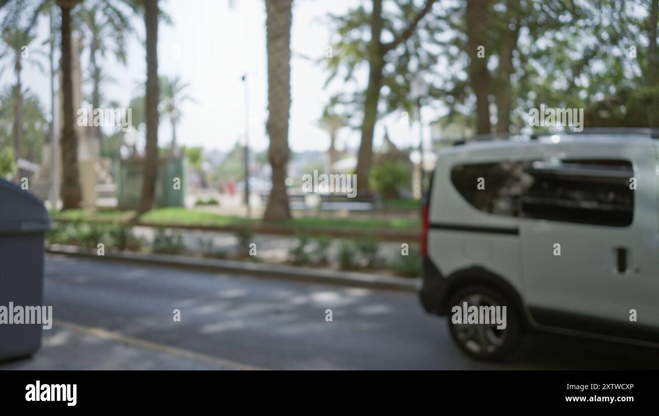Outdoor scene featuring defocused palm trees, blurry car, and bokeh ...