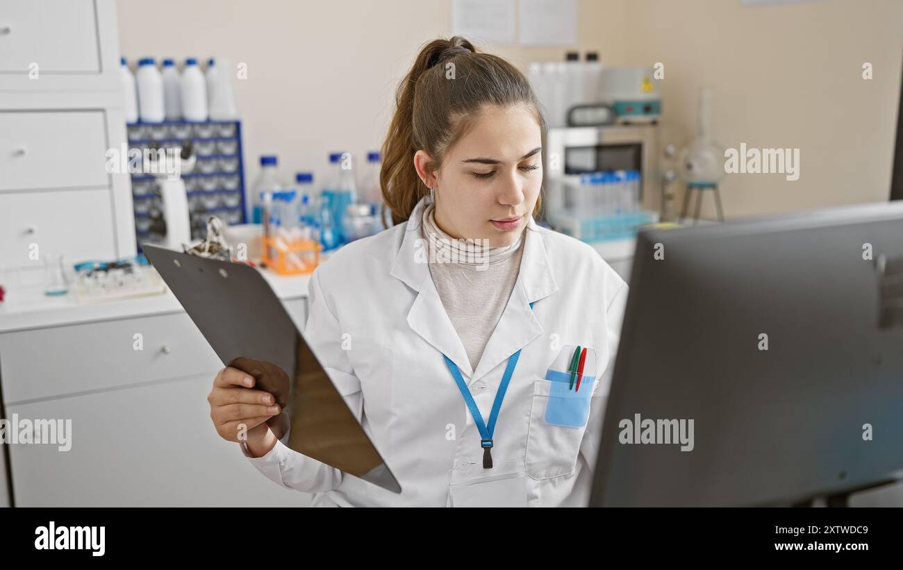 A focused woman technician analyzes data on a computer inside a modern laboratory. Stock Photo