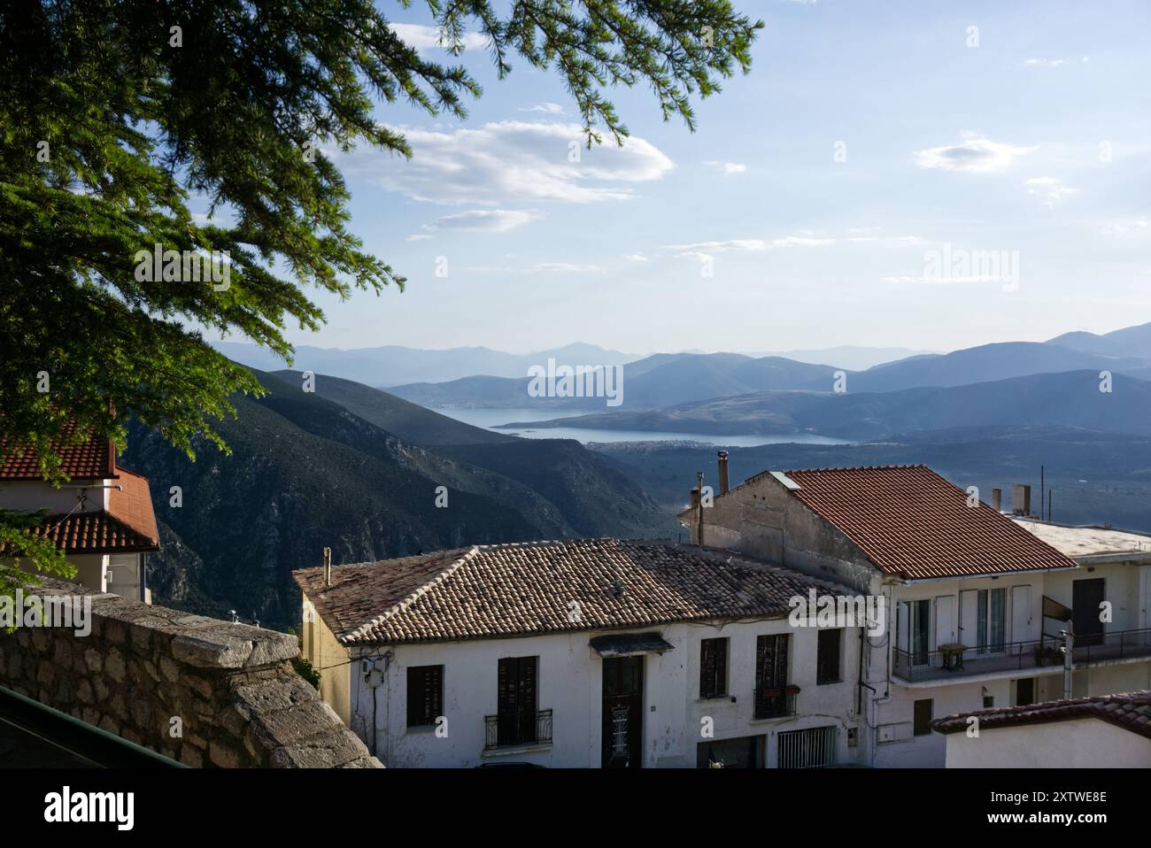 view over the village of Delphi Stock Photo