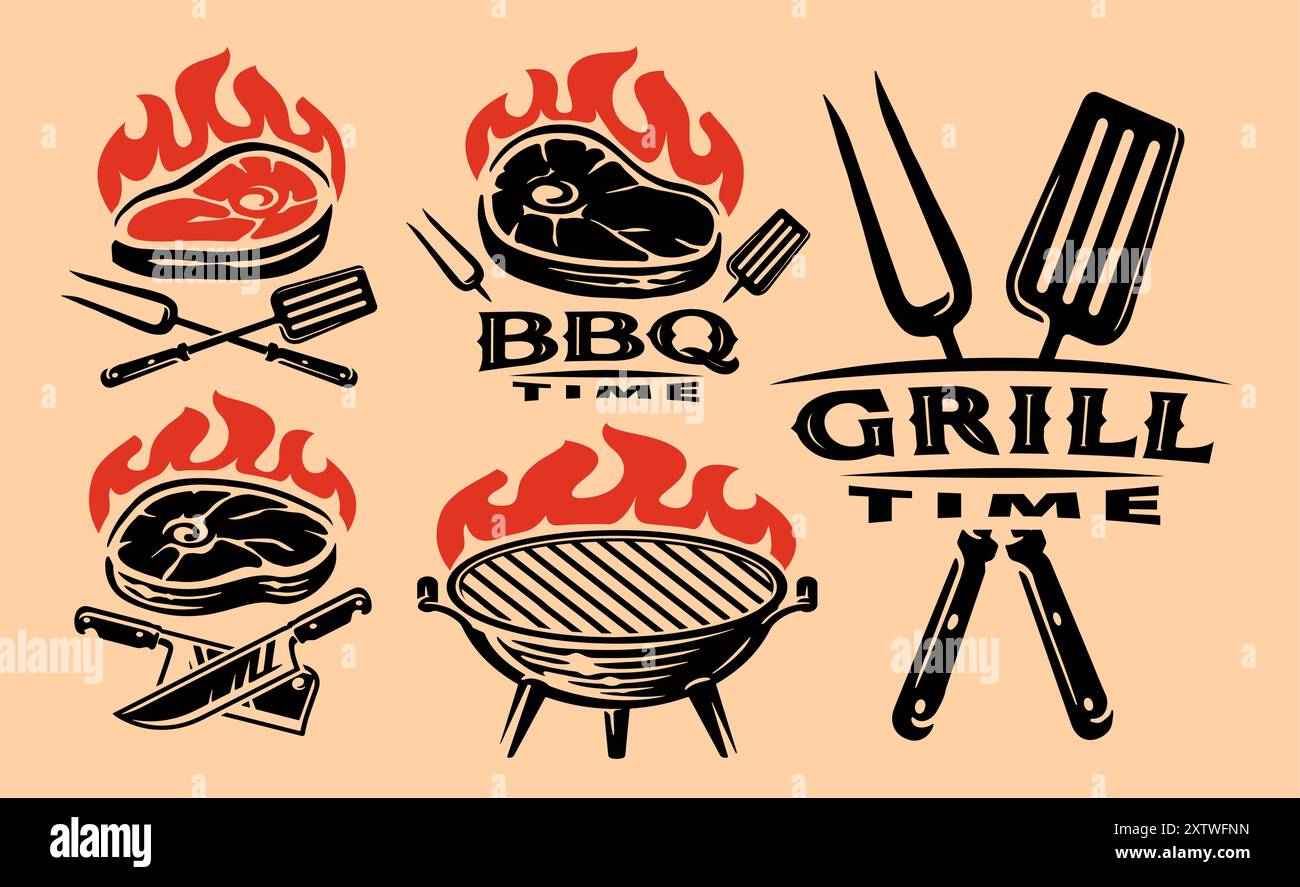 Barbecue grill set of emblems and badges. Bbq concept, food logo for ...