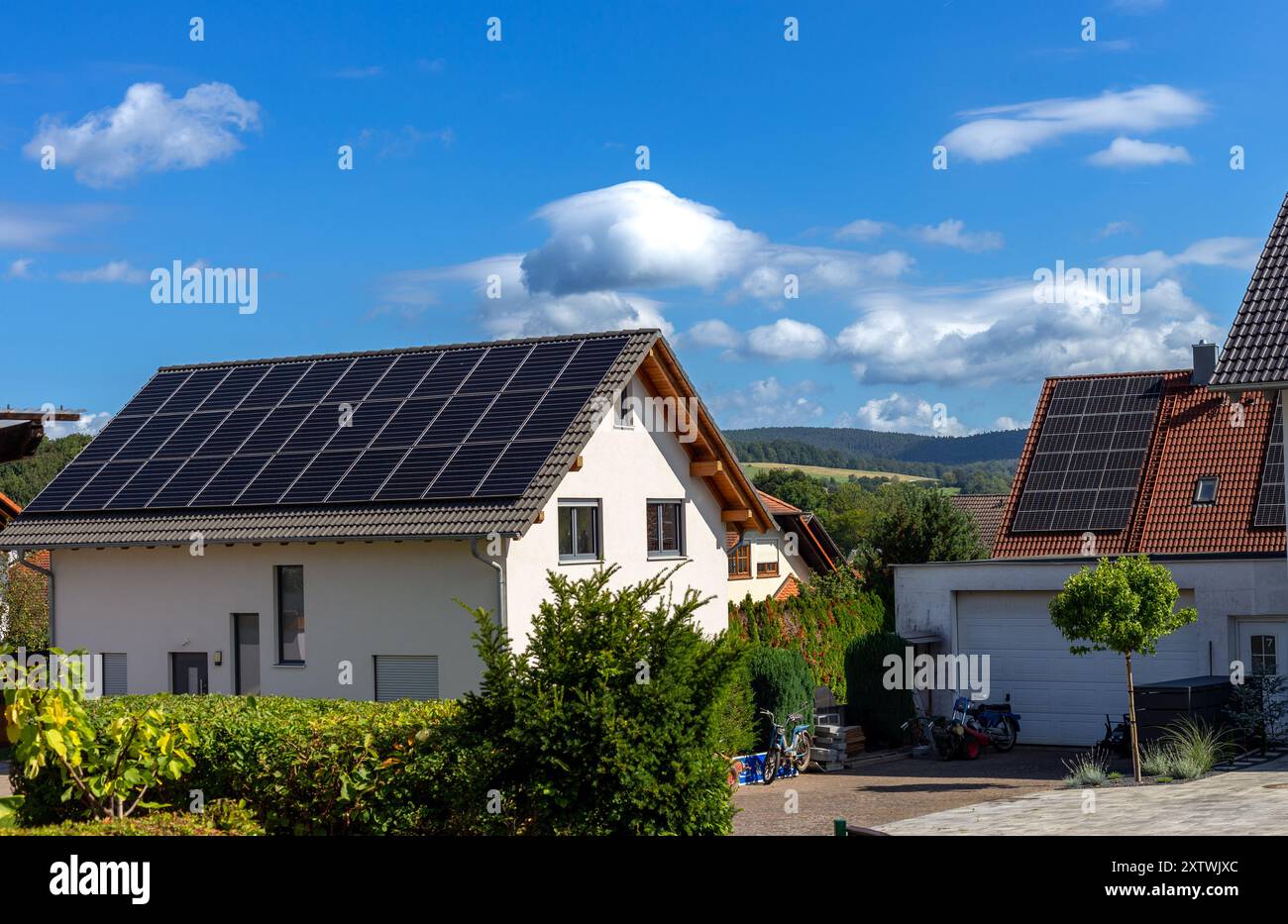 Photovoltaic panels. Ecological houses with modern solar panels on the