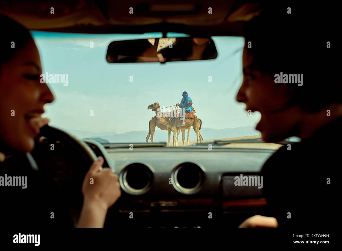 View from inside a car where two individuals in the front seats are conversing and laughing, with a camel rider seen through the windshield in a desert landscape. Stock Photo