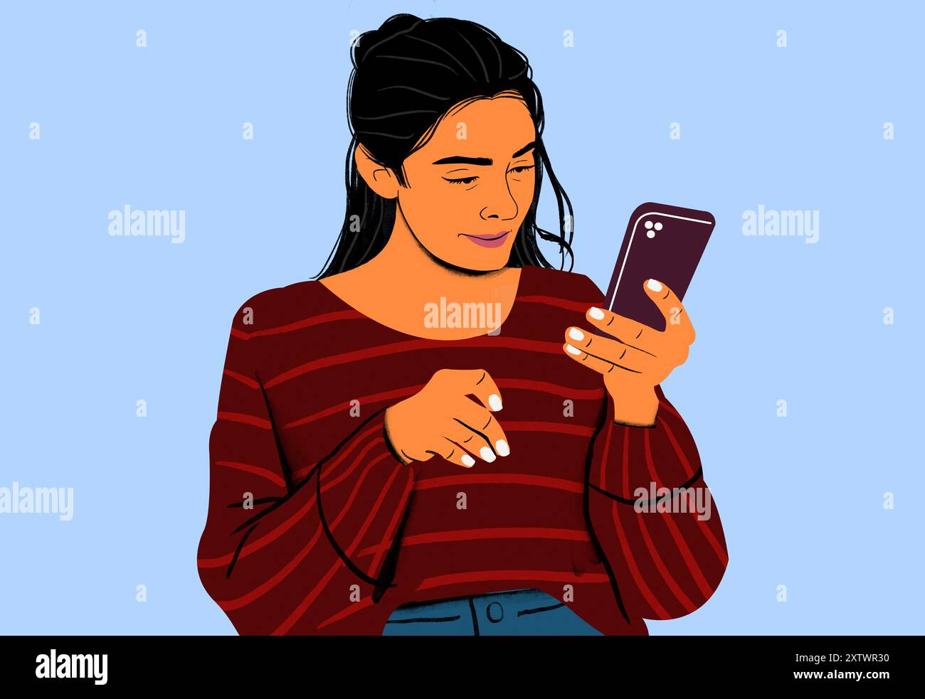 Woman smiling while reading a text message on her smartphone. Stock Photo