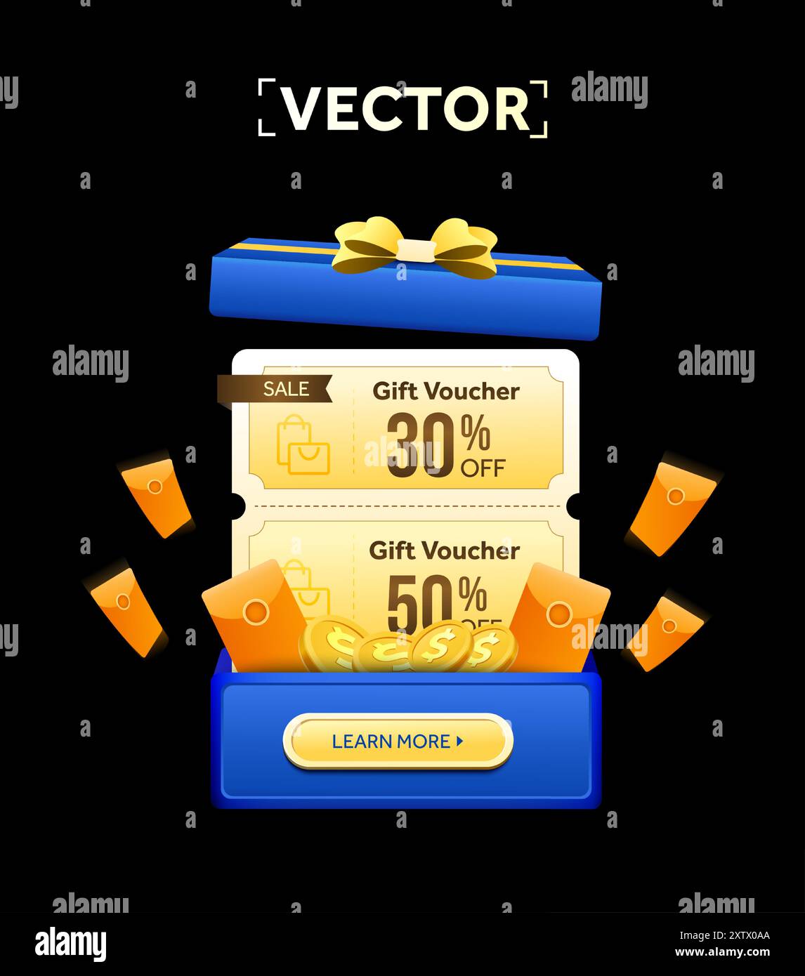 3d stack of coupons, flying up in a opened gift box, isolated on dark background. Gift voucher giveaway banner template. Coupon code for special discount, sale off. 3d vector illustration. Vector illustration Stock Vector