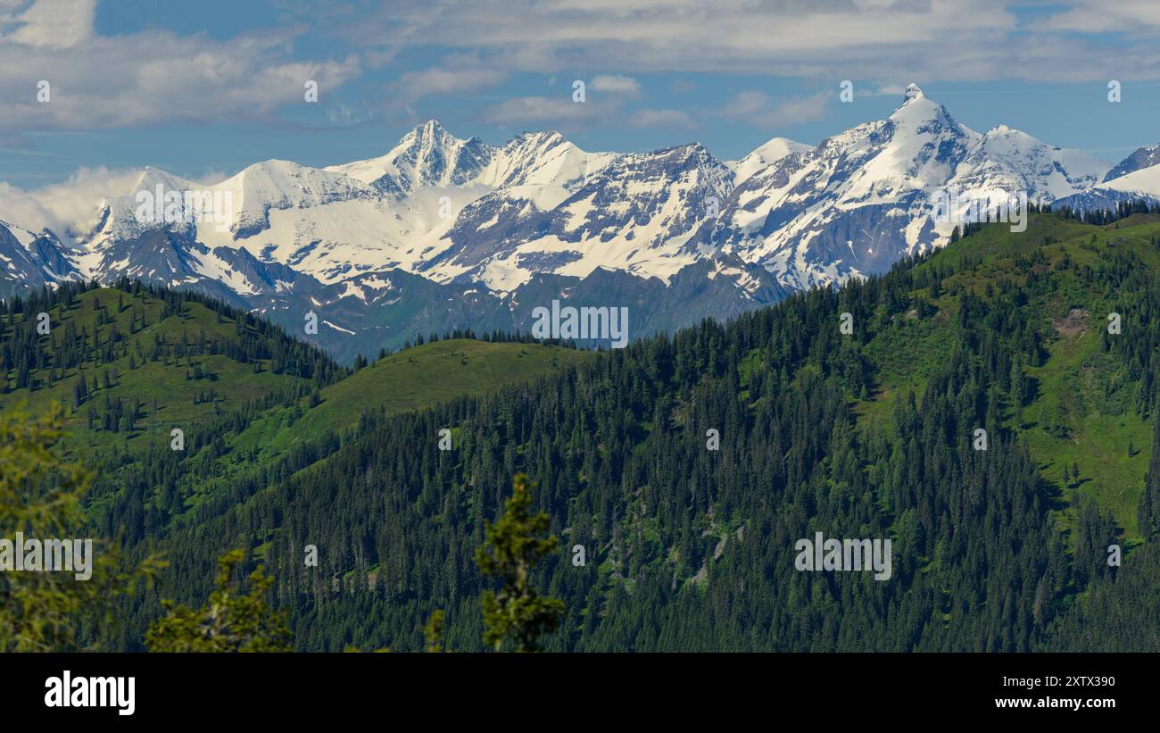 The Glockner Group mountains on a sunny day in springtime, the center section of the main chain of the Alps Mühlbach am Hochkönig Austria Stock Photo