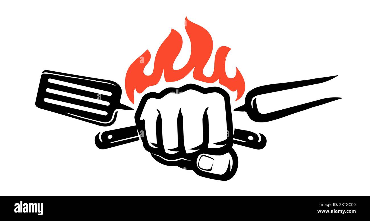 Barbecue fork and spatula in hand. Bbq grill logo and emblem. Symbol ...