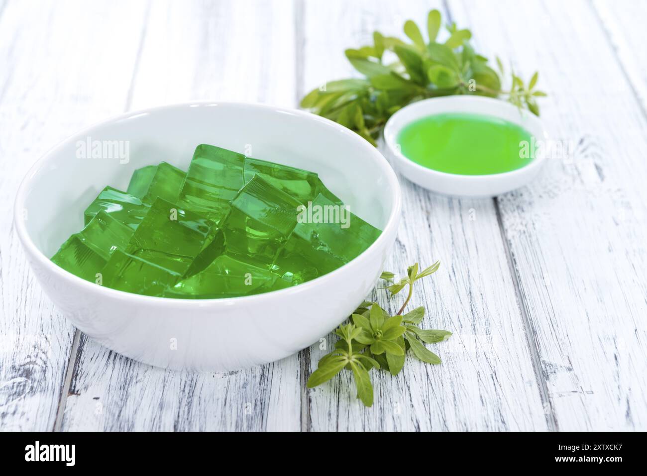 Fresh made Woodruff Jello (close-up shot) on wooden background Stock Photo