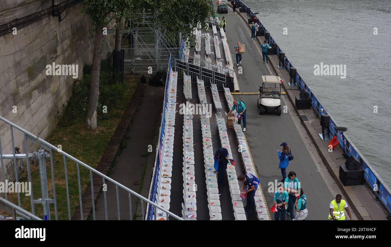 Images of previous to the Opening Ceremony in the Seine River, Paris 2024. Seats in front of the Seine River Stock Photo