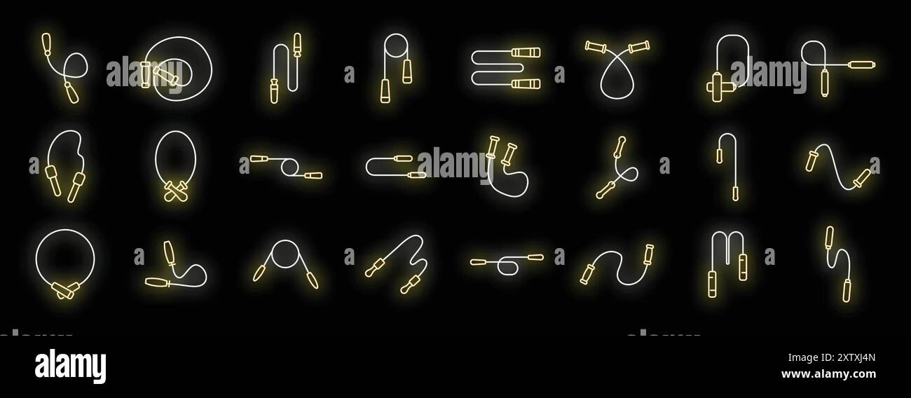 Set of skipping rope neon light icons with different jump rope ...