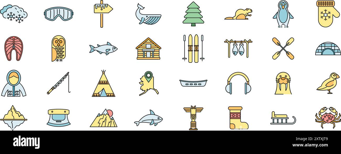 Set of north, alaska and arctic colorful icons showing local culture ...
