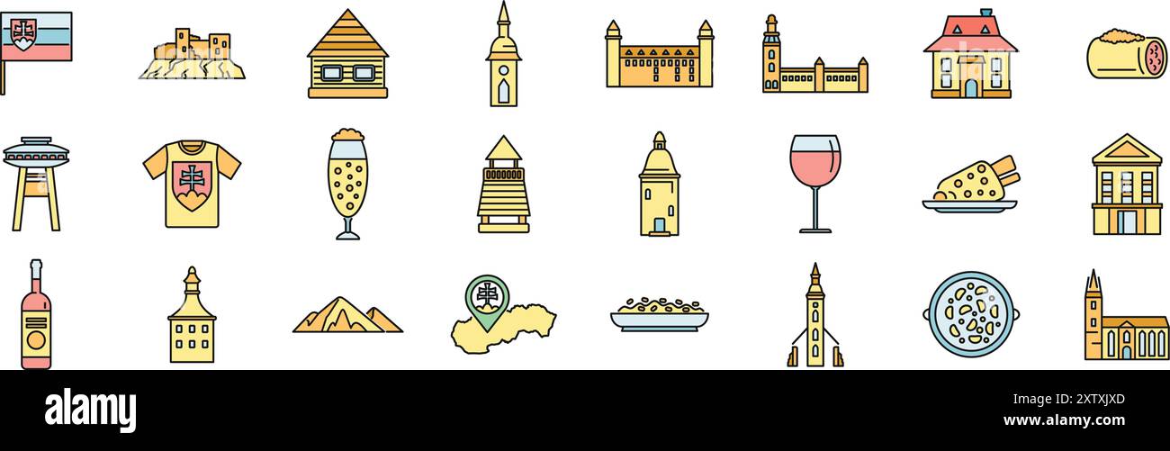 This set of icons shows different aspects of slovakian culture ...