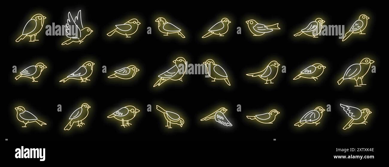 Set of neon icons with birds in different poses, flying, sitting and ...