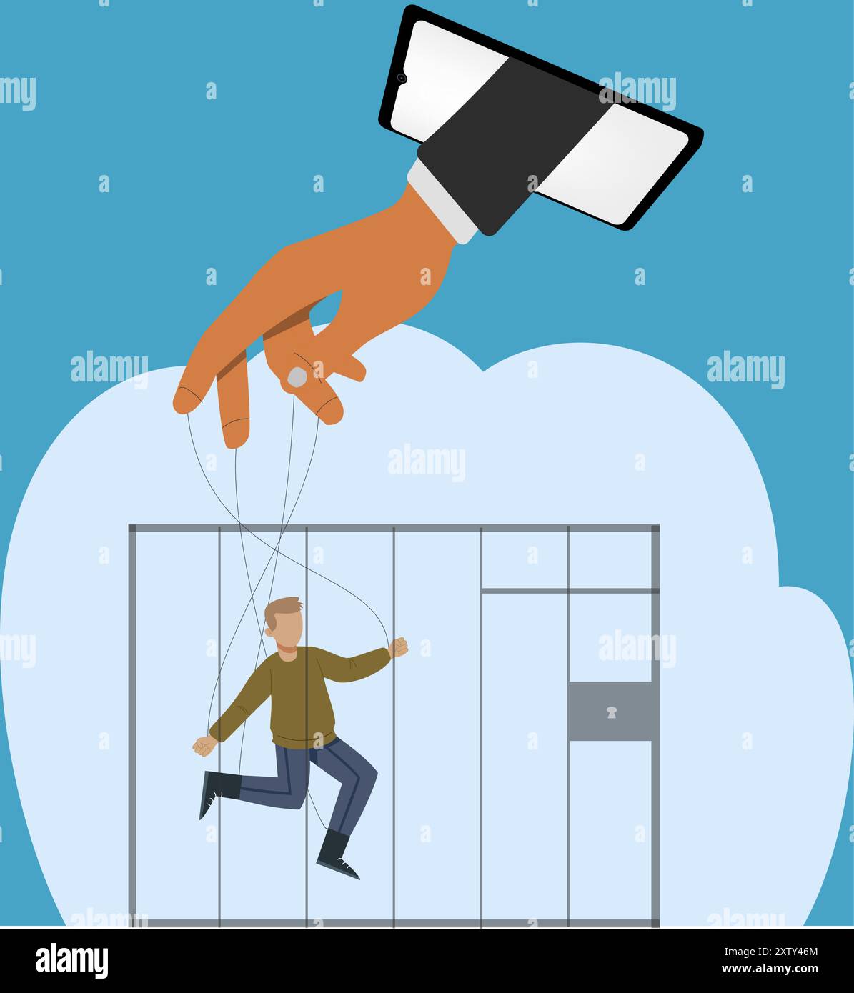 Illustration of a man being a puppet controlled by a cell phone. Cell ...