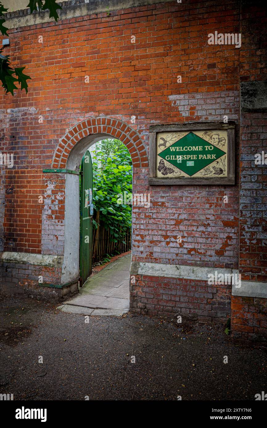 Gillespie Park London. Entrance to Gillespie Park Highbury London. Gillespie Park is a small local nature reserve in the London Borough of Islington. Stock Photo