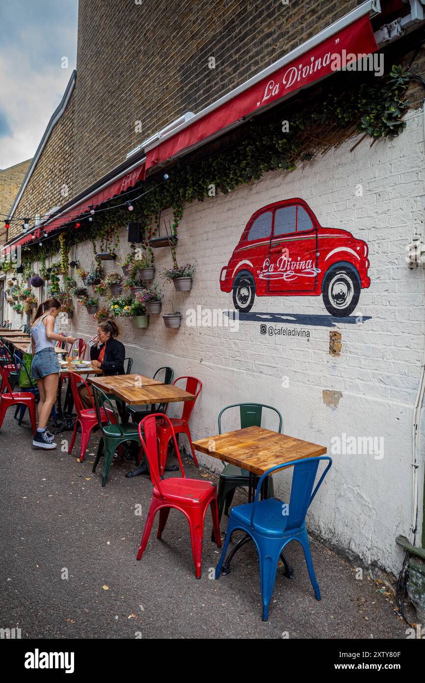La Divina Italian Restaurant Islington London. Cafe La Divina Italian Restaurant located at 134 Upper St Islington London. Stock Photo