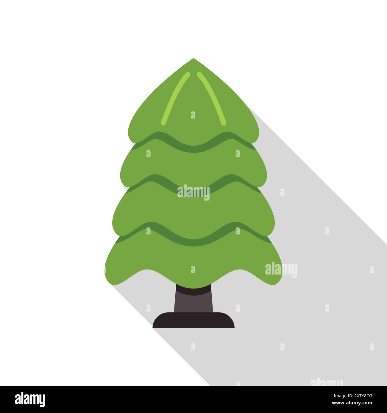 Simple green stylized coniferous tree is casting a long shadow on a white background Stock Vector
