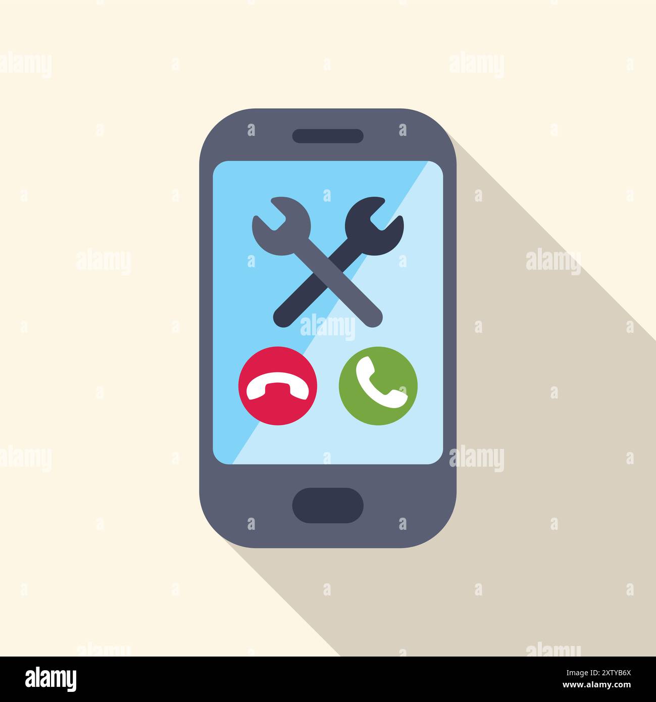 Smartphone is displaying crossed wrenches over red and green call buttons, suggesting technical support or phone repair Stock Vector