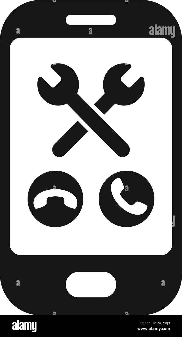 Smartphone displaying crossed wrenches and phone call icons, symbolizing technical support Stock Vector